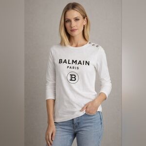 Balmain White Button-Shoulder Logo Long Sleeve Tee